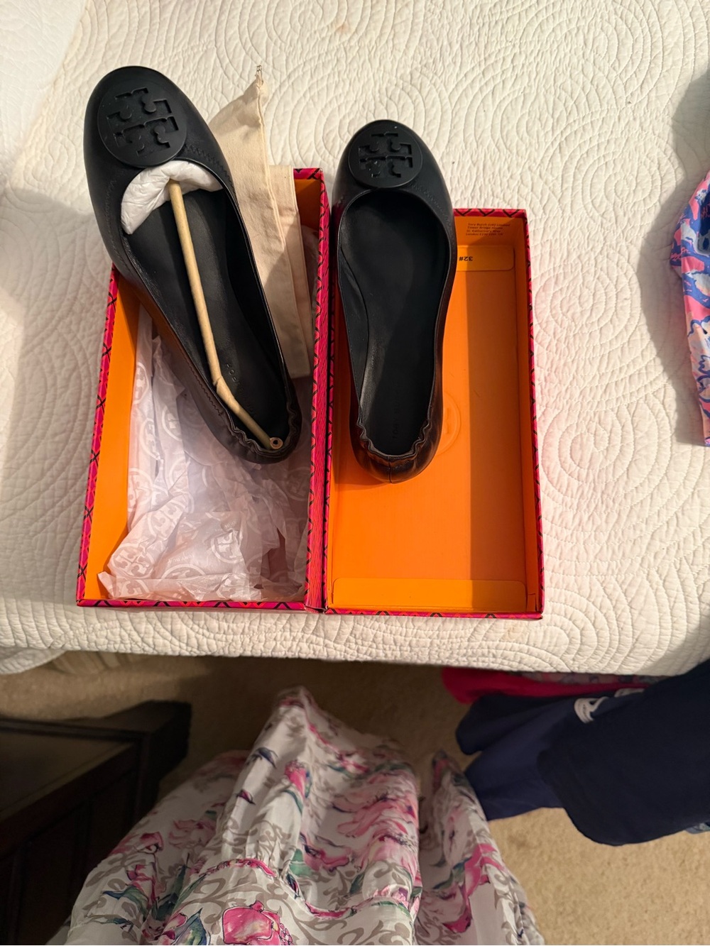 Tory Burch Black Leather Logo Ballet Flats - Picture 2 of 4
